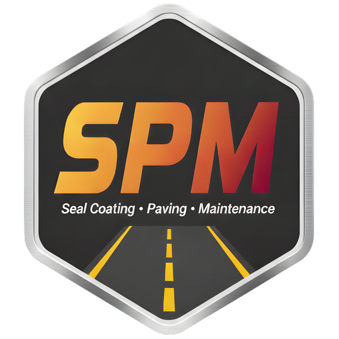 Logo for SPM, a paving company, featuring initials in orange/red with a road illustration on a black background.