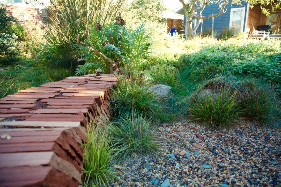 A wooden walkway in a garden with a house in the background.