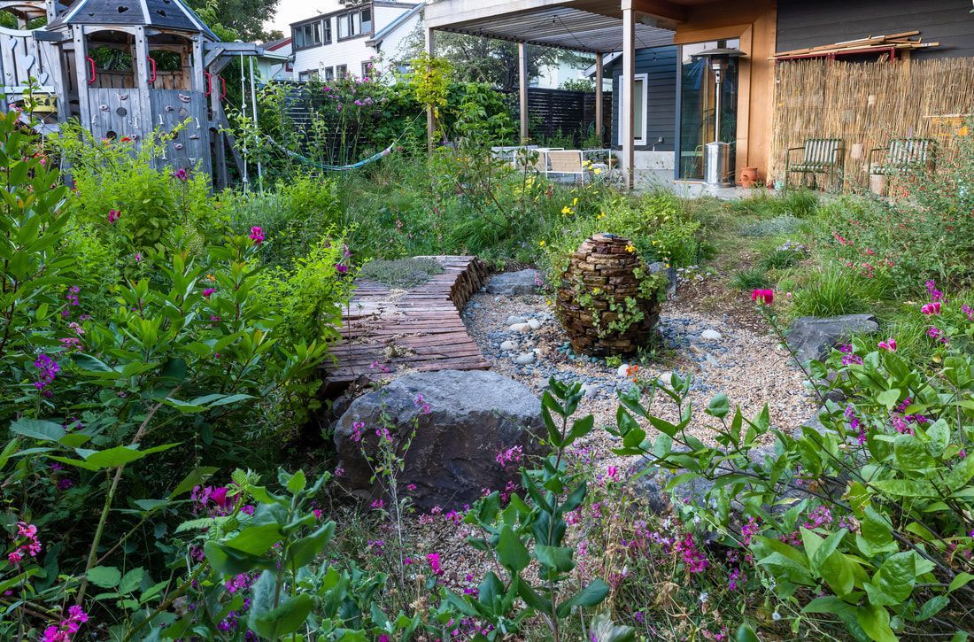 A garden filled with lots of plants and flowers with a house in the background.