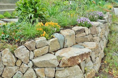 A stone wall surrounded by flowers and plants in a garden.