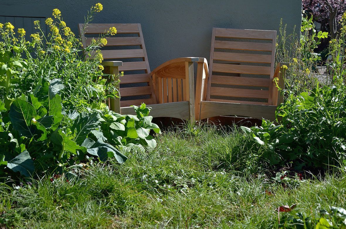 Two wooden chairs are sitting in the grass in front of a house.