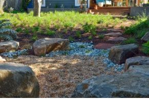 A garden with rocks and a path leading to a house.