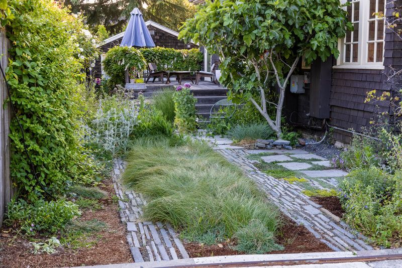 A backyard with a brick walkway leading to a house.