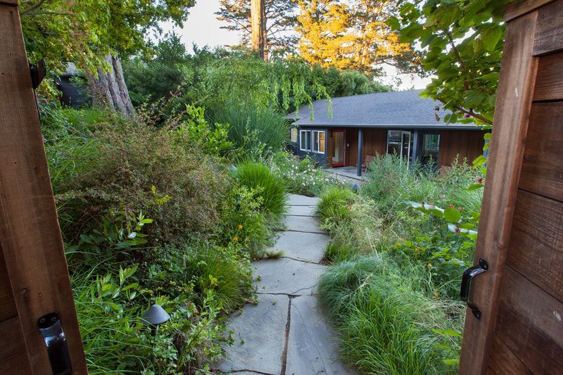 A wooden gate is open to a path leading to a house.