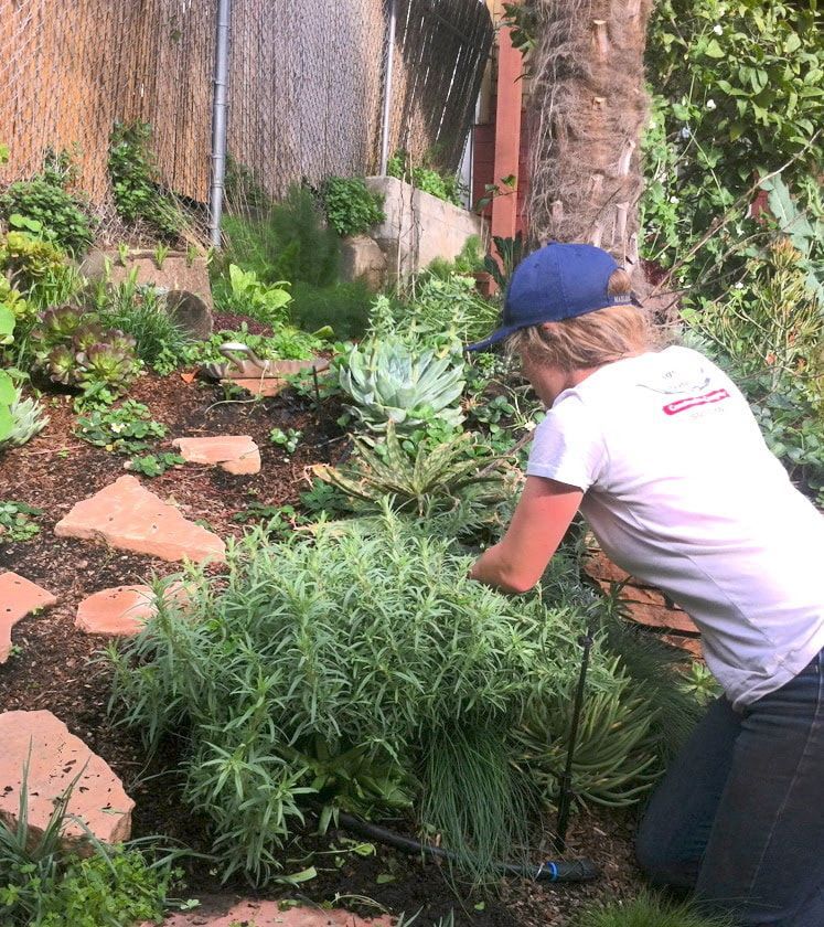 A woman in a white shirt and blue hat is kneeling down in a garden.