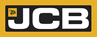 JCB logo with white text on a black rectangle within a yellow rectangle. A small square logo sits on the letter