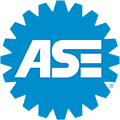 Blue gear-shaped logo with white
