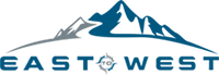 Logo with stylized mountains in blue and gray over the words