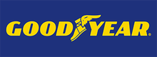 Goodyear logo: yellow text on a blue background. Features a winged sandal between