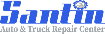 Santin Auto & Truck Repair Center logo with blue text and gear icon.