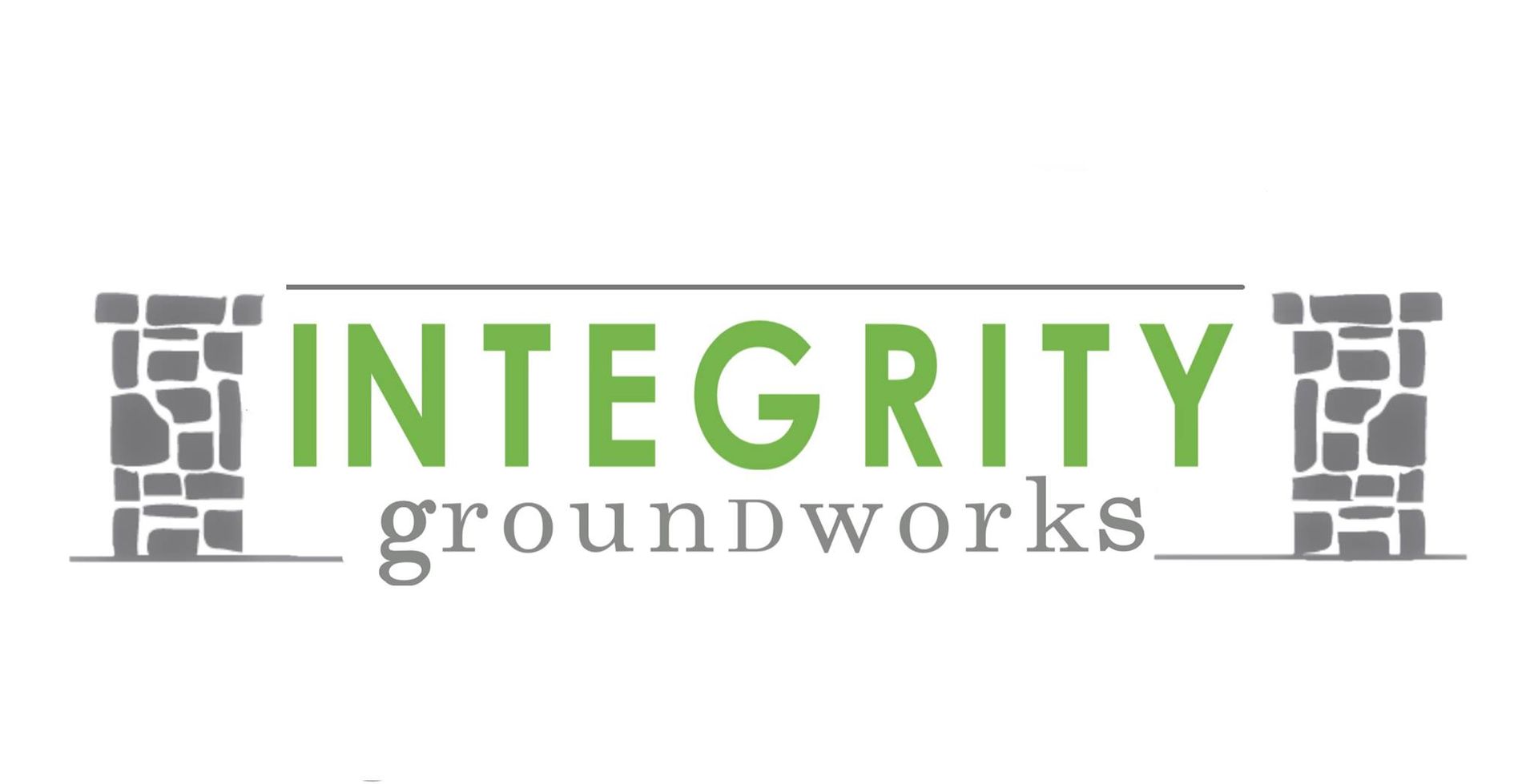 Logo for Integrity Groundworks with green text, stone columns.