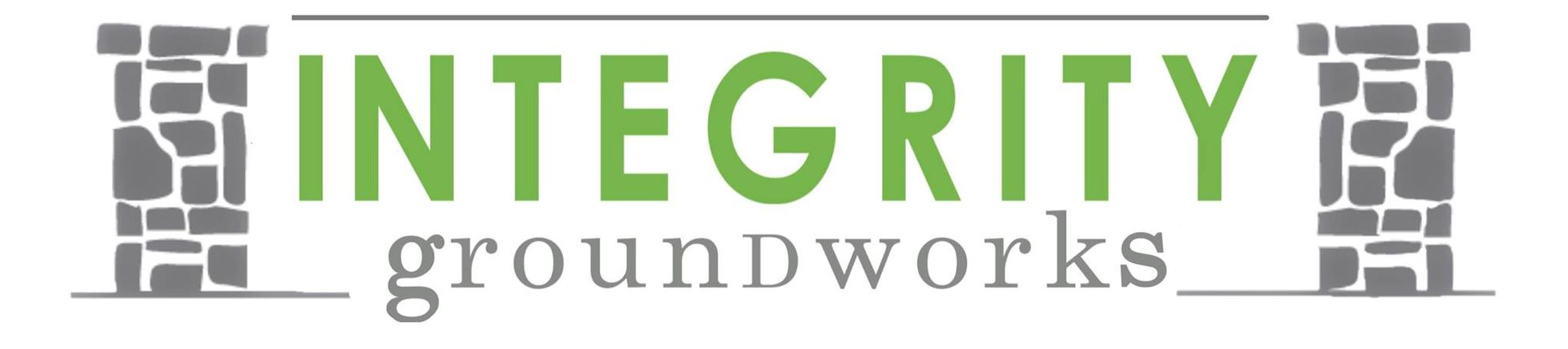 Integrity groundworks logo with green text and stone pillar design.