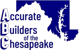 Blue logo for "Accurate Builders of the Chesapeake" with Maryland map silhouette and "ABC" letters.