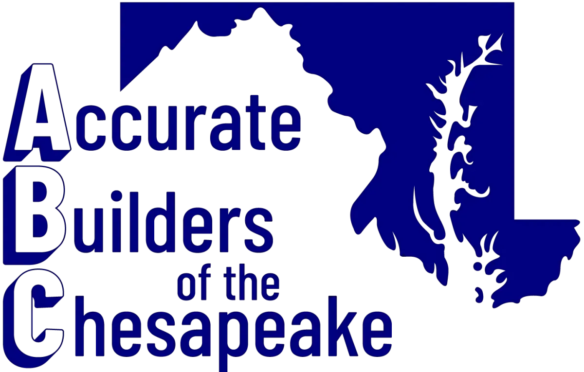 Blue logo for "Accurate Builders of the Chesapeake" with Maryland map silhouette and "ABC" letters.