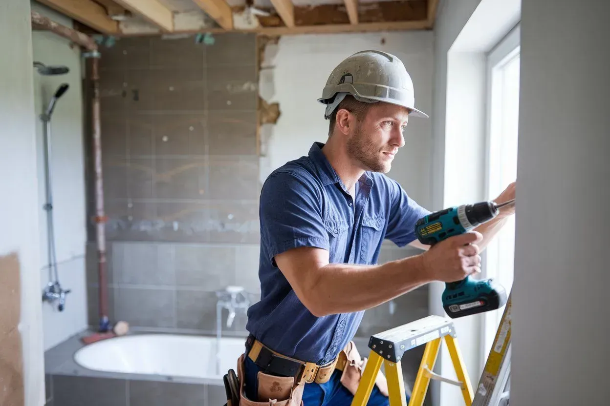 Construction worker using a drill while standing on a ladder in a bathroom under renovation