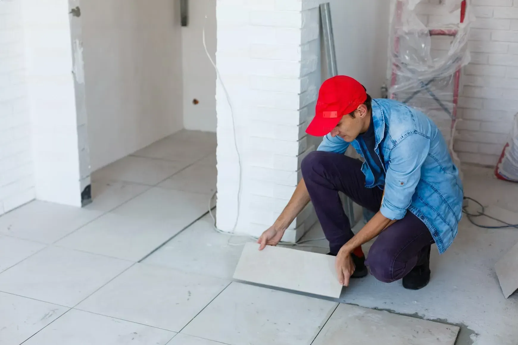 Worker in a red cap installing white floor tiles in a room under construction