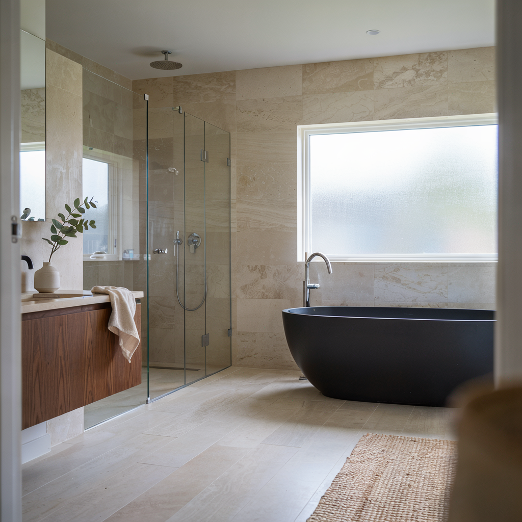 Modern beige bathroom with a freestanding black tub, glass shower, wood vanity, and frosted window