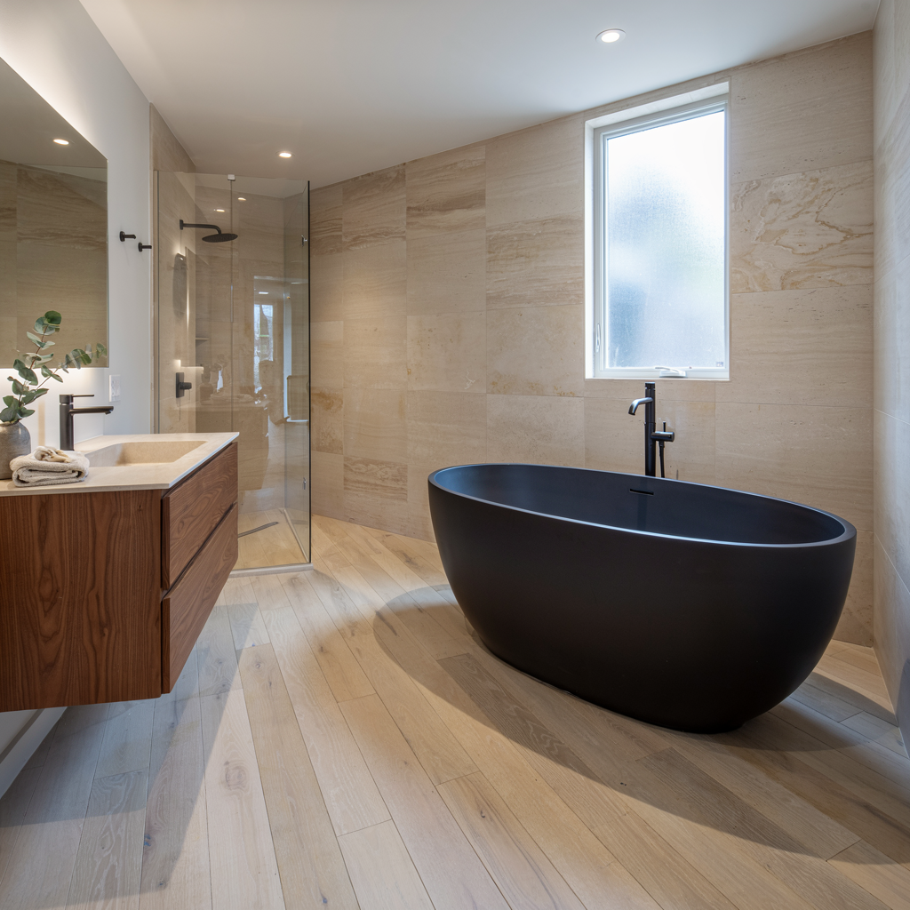 Modern beige bathroom with freestanding black tub, walk-in shower, floating sink, and frosted window