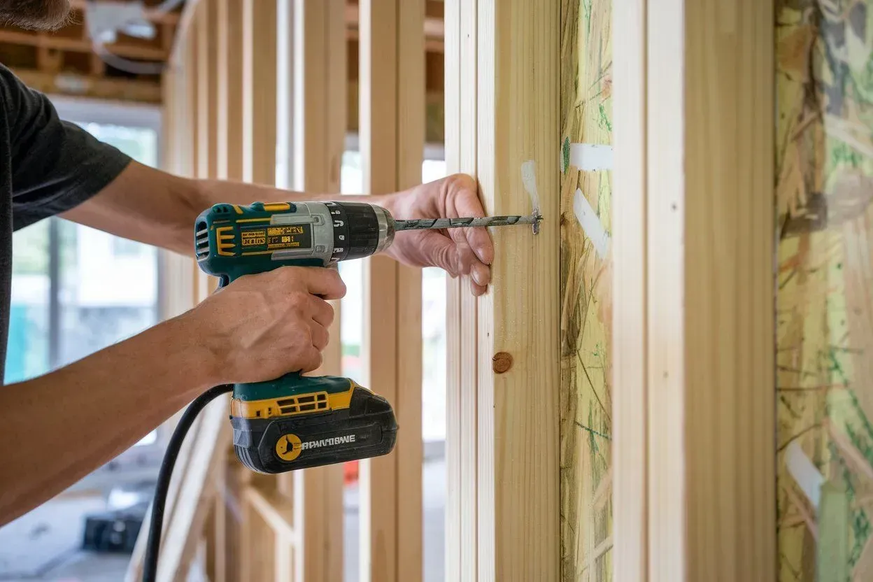 Person using a drill to install wooden studs in a framed wall