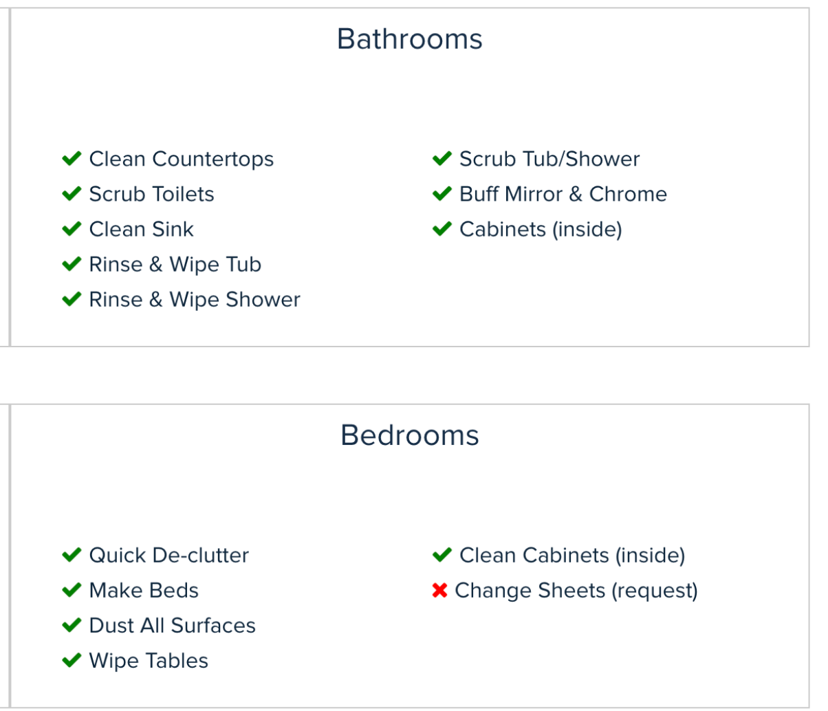 A screenshot of a website showing bathrooms and bedrooms.