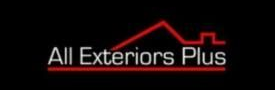 Logo for All Exteriors Plus with a red house outline above the text on a black background.