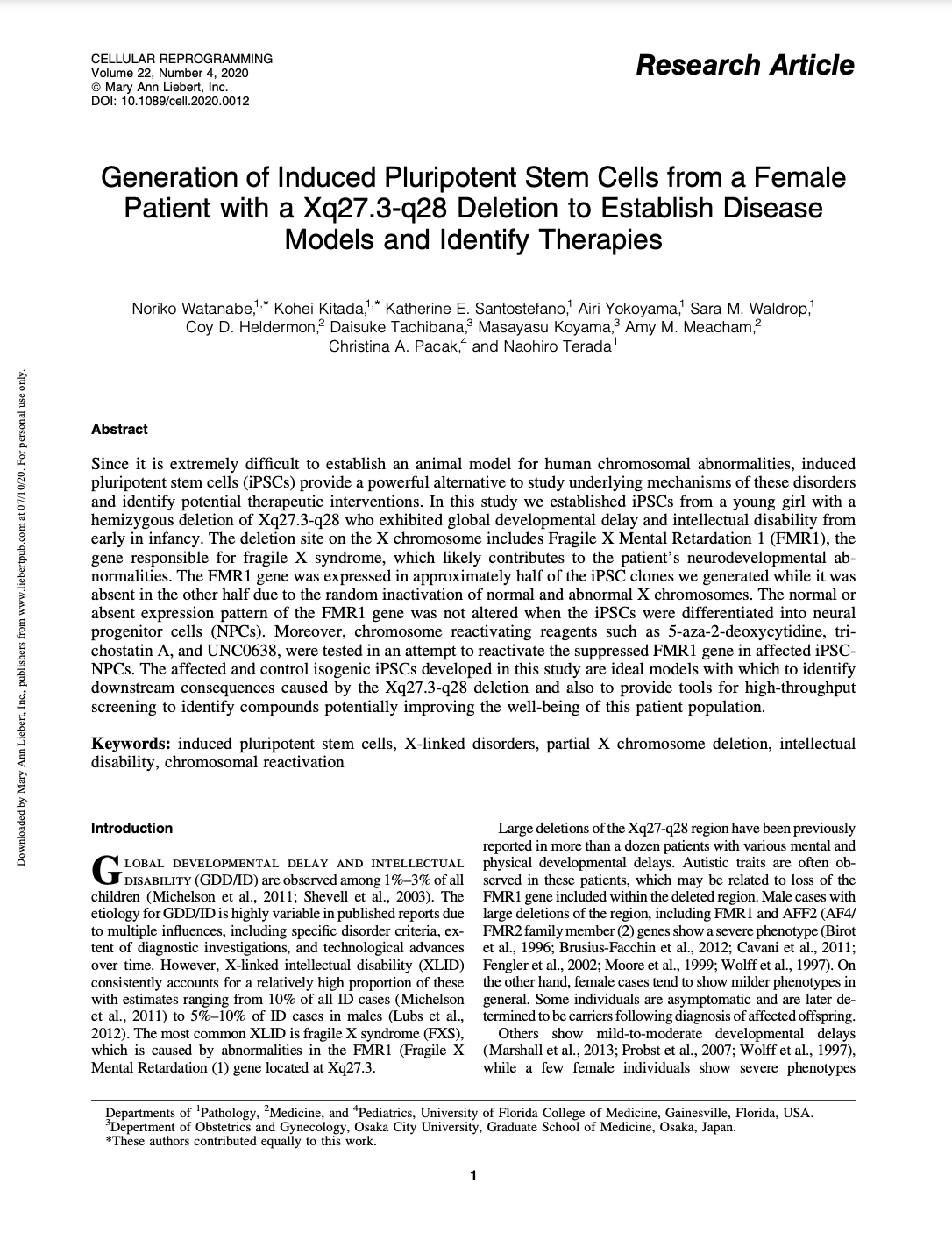 Generation of Induced Pluripotent Stem Cells in Female with Xq27 deletion