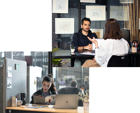 Two office scenes: A person in an interview; a woman working at a desk with a laptop and coffee.