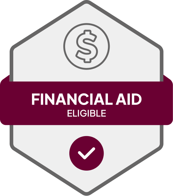 Badge: Financial Aid Eligible, blue banner, building icon, dollar sign.