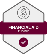 Badge: Financial Aid Eligible, blue banner, building icon, dollar sign.