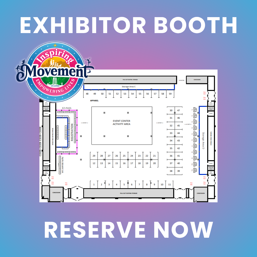 Event booth floor plan graphic with “Exhibitor Booth” and “Reserve Now” text, plus Inspire Movement logo