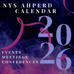 NYSAHPERD calendar graphic with 2026 in purple and pink on a dark blue background, listing events, meetings, conferences