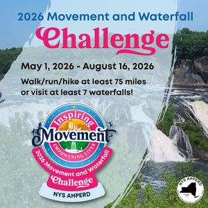 2026 Movement and Waterfall Challenge poster with waterfall background, May 1-Aug. 16, 2026, hike/run 75 miles or 7 falls