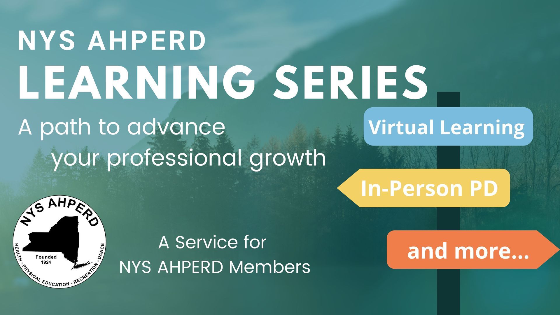 NYS AHPERD Learning Series banner with virtual learning, in-person PD, and more options