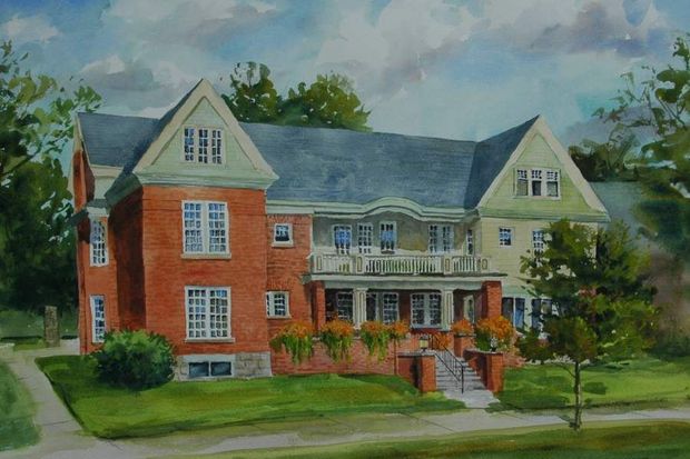 Watercolor of a large red-brick and cream house with a gray roof, front porch, and green lawn.