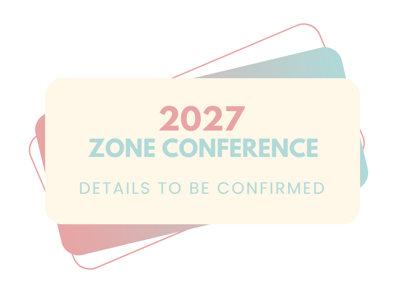 2027 Zone Conference announcement with pastel pink, blue, and cream layered cards