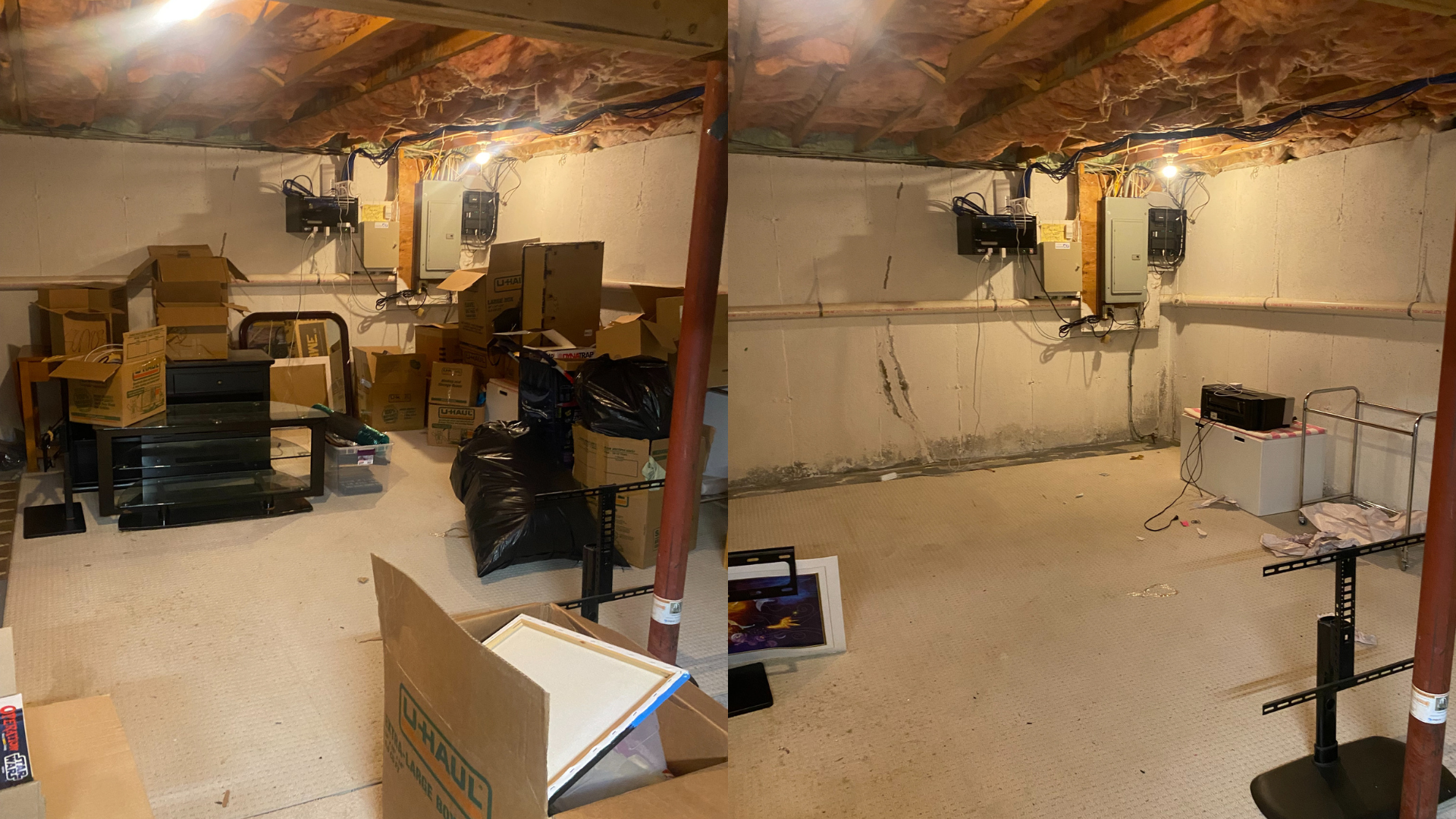 A before and after photo of a basement filled with boxes.