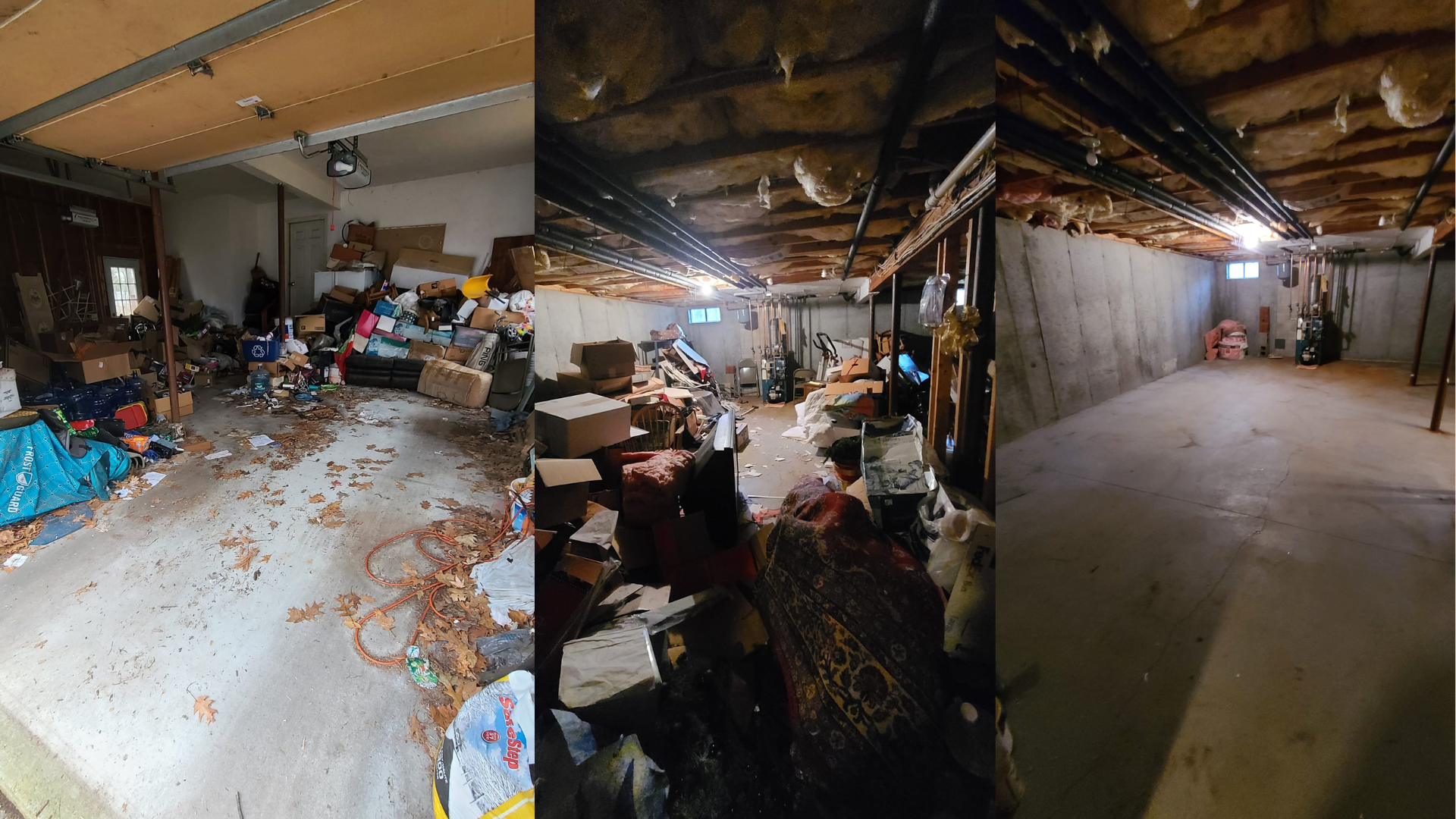 A before and after photo of a messy basement.