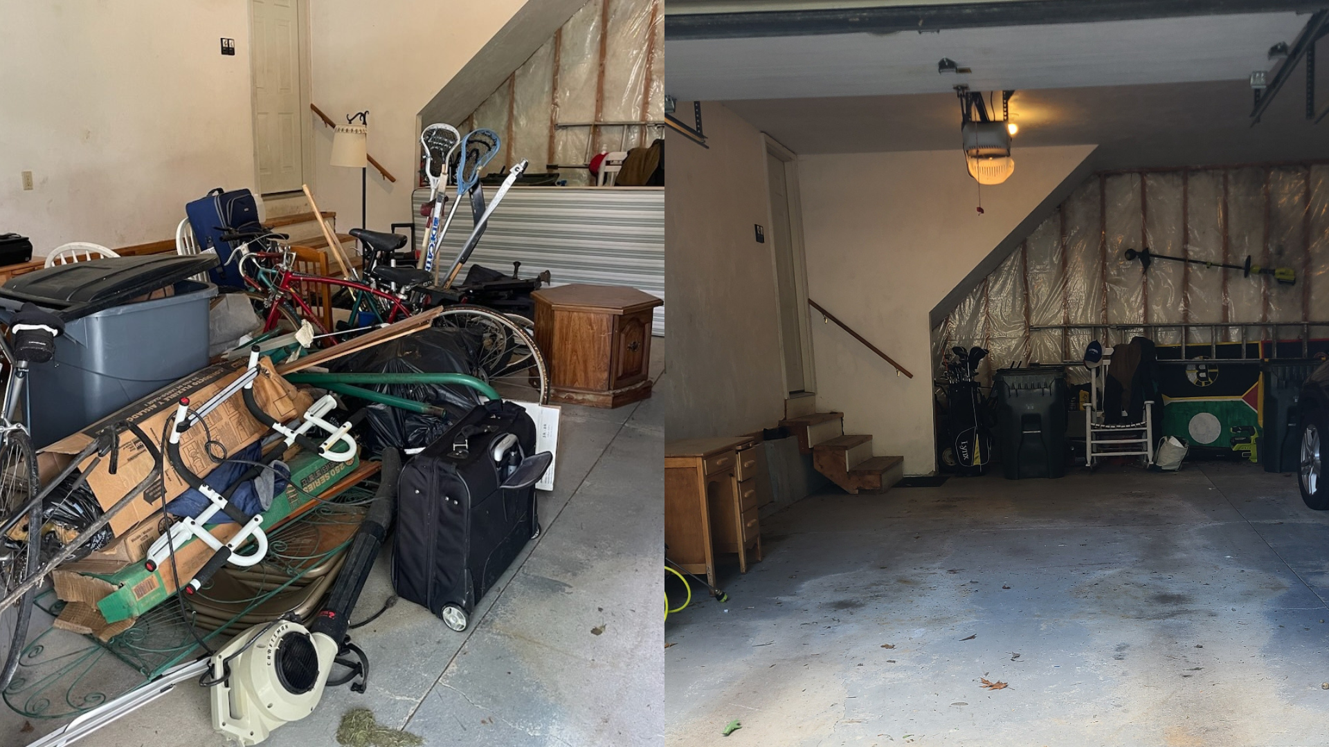 A before and after picture of a garage filled with junk.