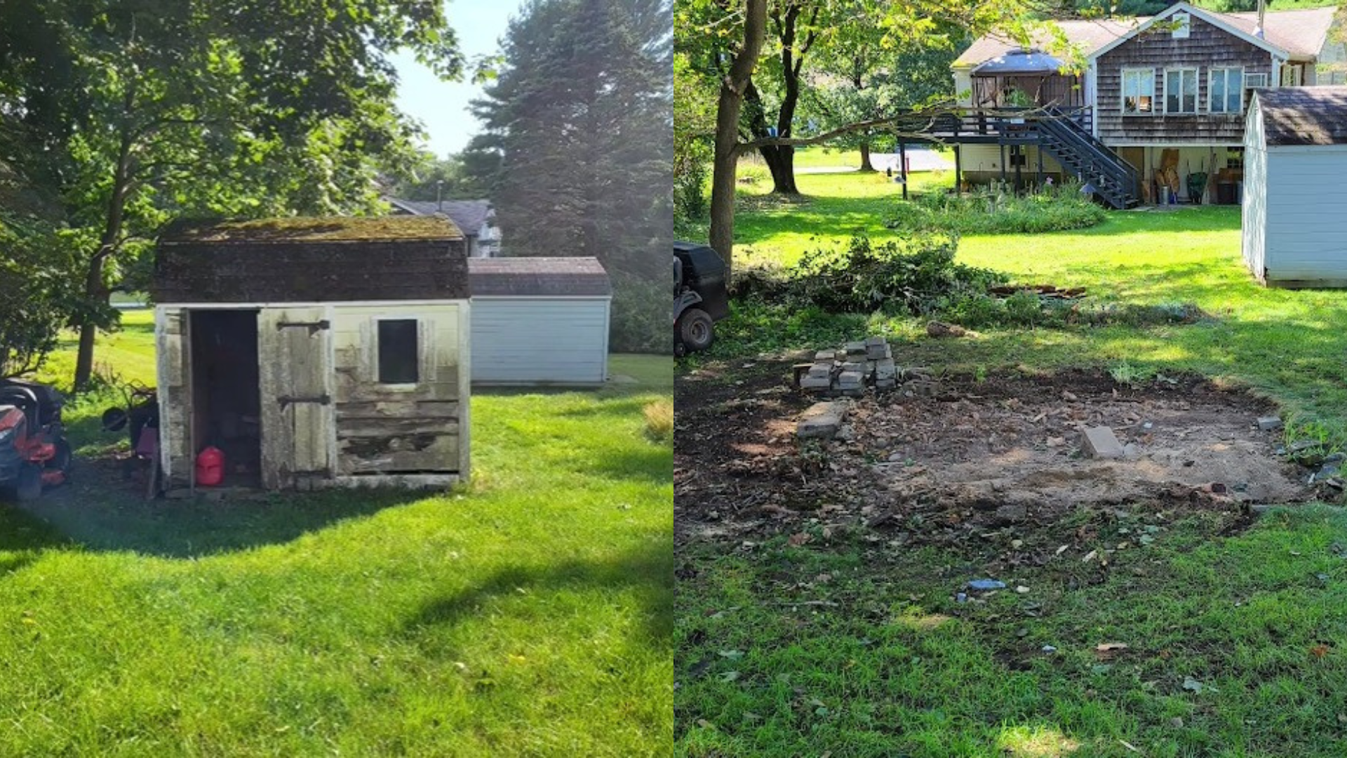 A before and after picture of a shed in a yard.