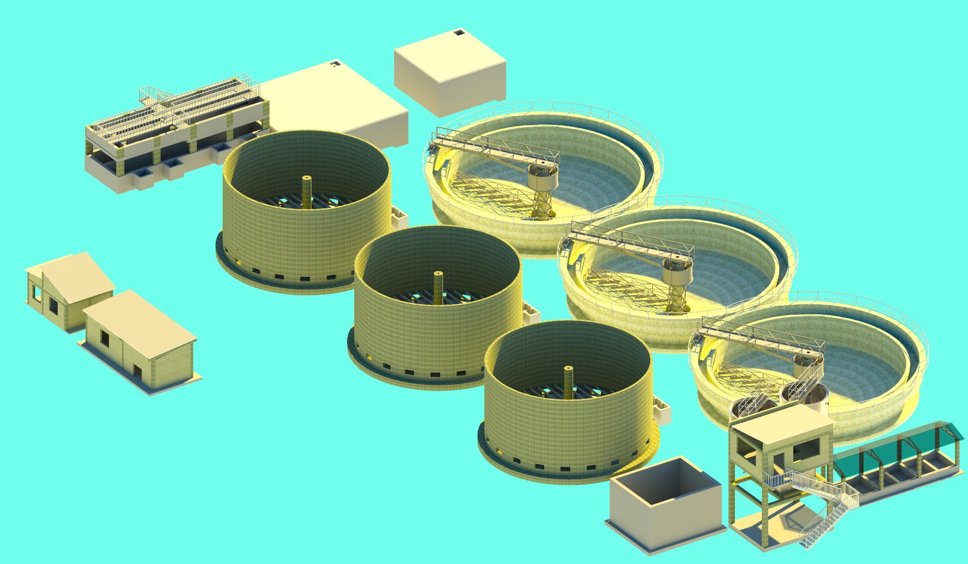 Un modelo 3D de una planta de tratamiento de agua sobre un fondo azul.