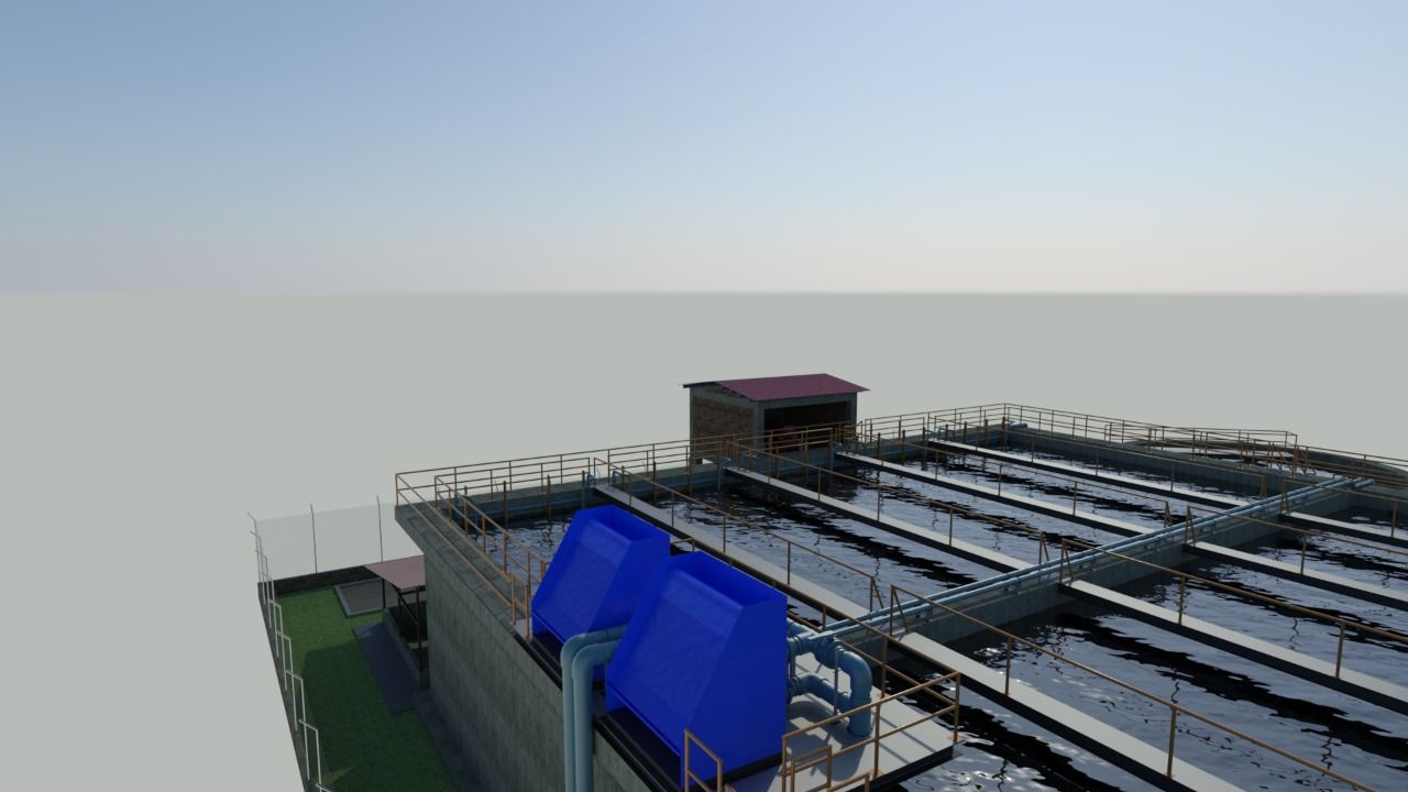 Una vista aérea de un edificio con una lona azul en el techo.