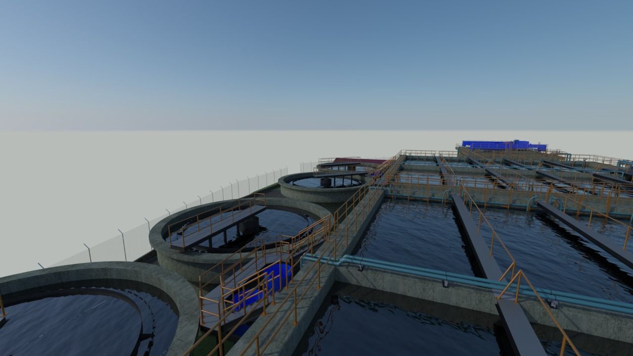 Un modelo 3D de una planta de tratamiento de agua con un cielo azul de fondo.