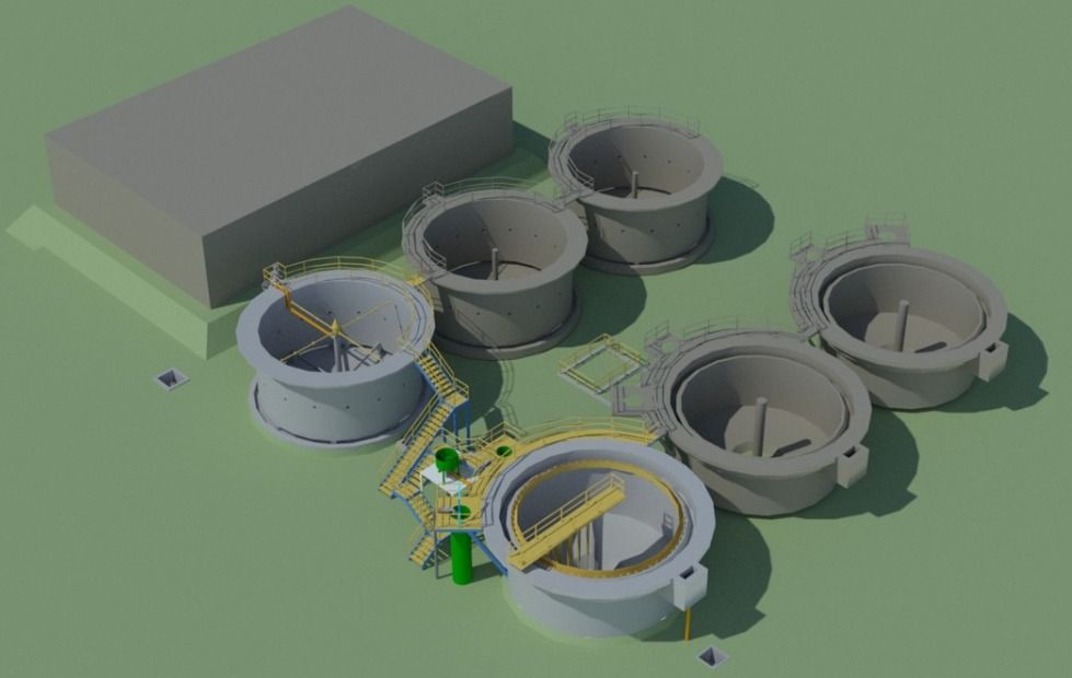Es un modelo 3D de una planta de tratamiento de aguas residuales.