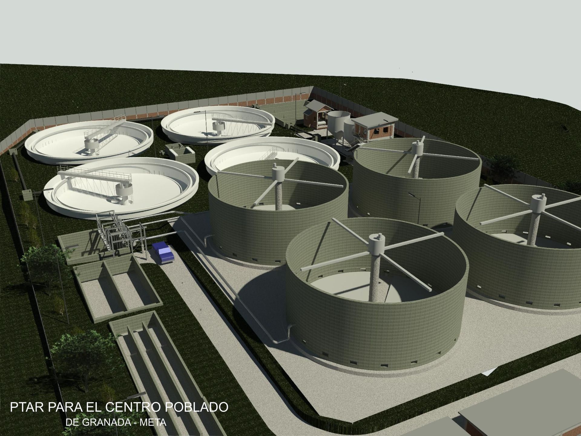 Impresión artística de una planta de tratamiento de aguas residuales.