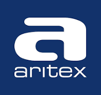 El logotipo de Aritex es blanco sobre fondo azul.