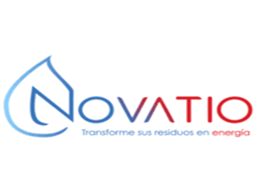 Un logotipo de Novatio azul y rojo sobre un fondo blanco
