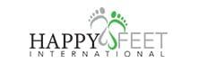 the logo for happy feet international has a footprint on it .