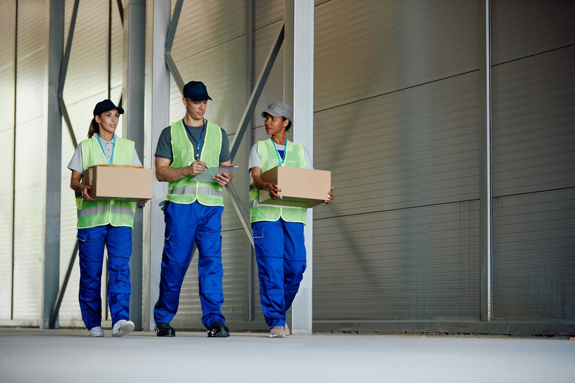 A group of construction workers are walking down a hallway carrying boxes.