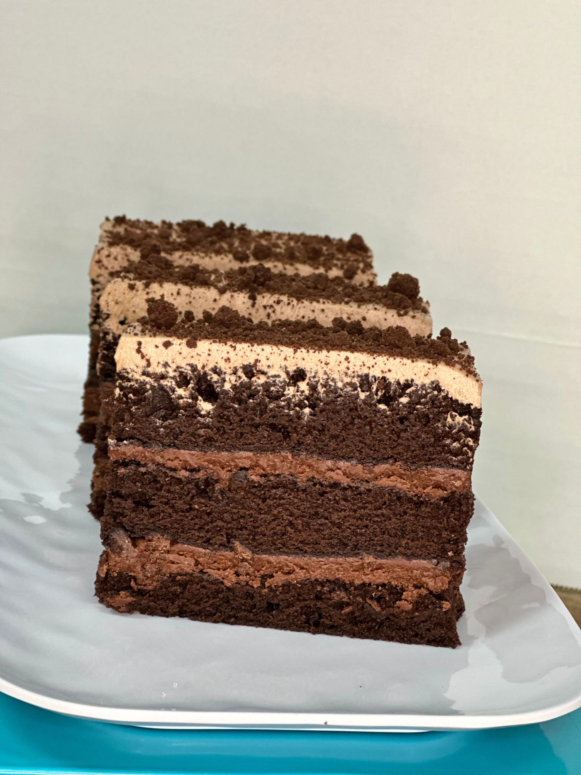 Three slices of chocolate cake on a white plate