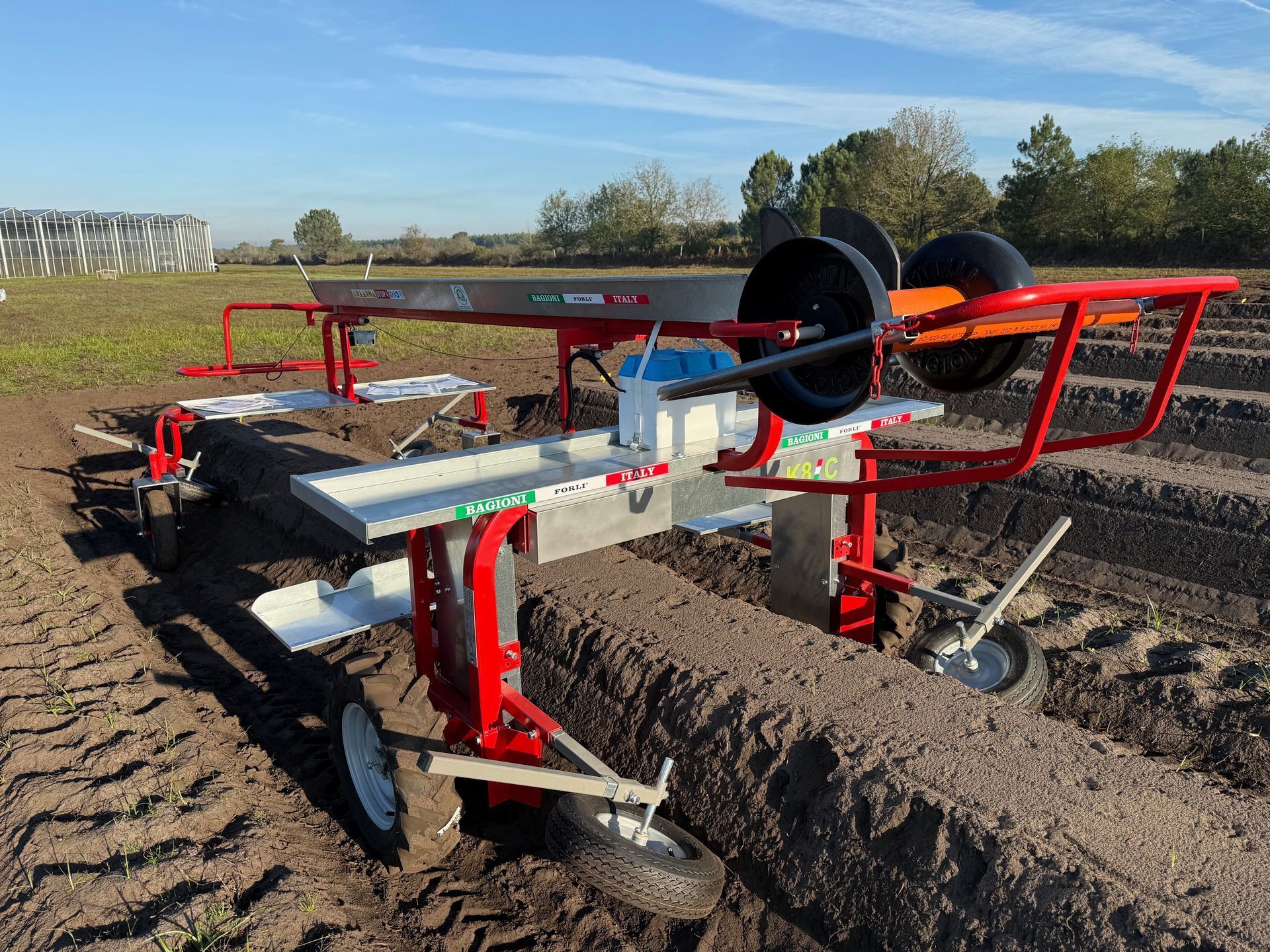 Una trapiantatrice agricola di colore rosso e metallico, posizionata in un campo con aiuole rialzate sotto un cielo azzurro e limpido.